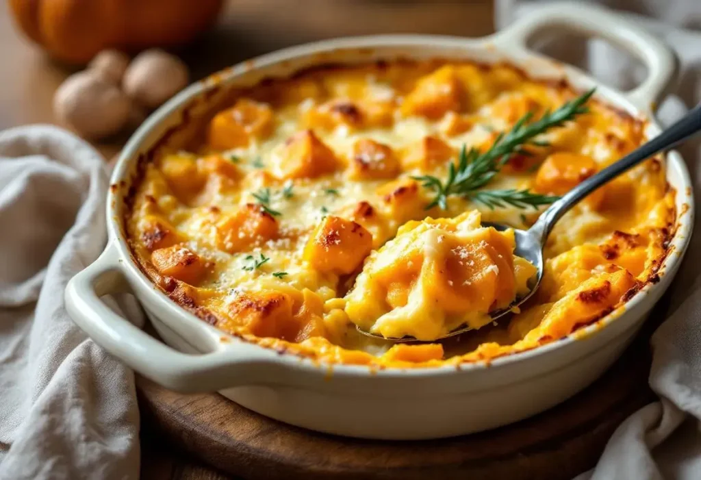 Gratin butternut au fromage frais au four : douceur fondante, herbes fraîches et crème pour réchauffer les soirs d’hiver