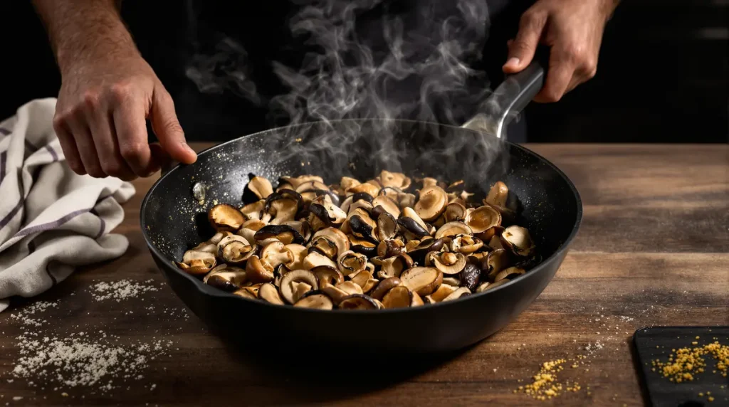 Le chef Etchebest nous dévoile sa méthode de cuisson des champignons qui fixe leur jus pour un effet caramélisé